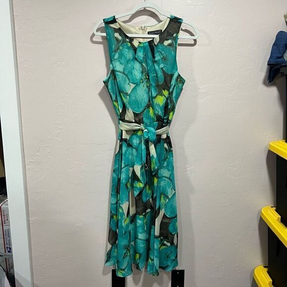 Jessica Howard Teal & Brown Floral Print Sleeveless Tie-Waist Long Dress Size 8 - Picture 1 of 7